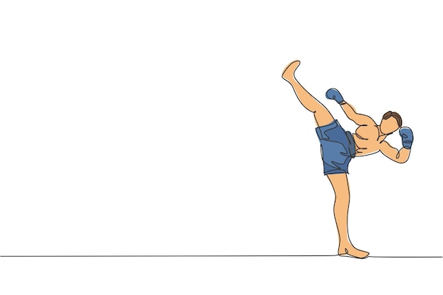 Dibujo de línea continua de un joven deportista kickboxer ejercicio de patada alta en un pabellón deportivo