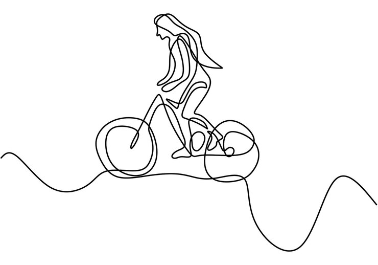 Un dibujo de línea continua de una joven deportista montando en bicicleta y realiza un truco en bicicleta