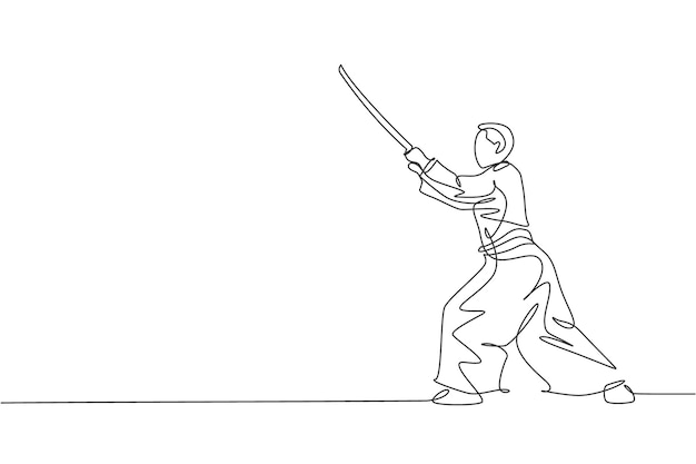Dibujo de línea continua de un joven deportista practica aikido con técnica de arte de espada de madera