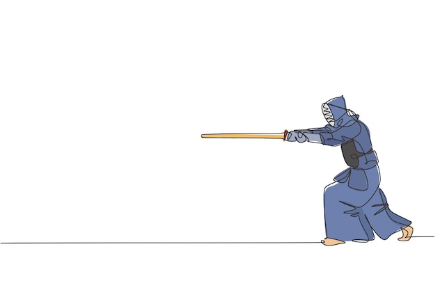 Dibujo de línea continua de un joven deportista practicando ataque de kendo con arte marcial de espada