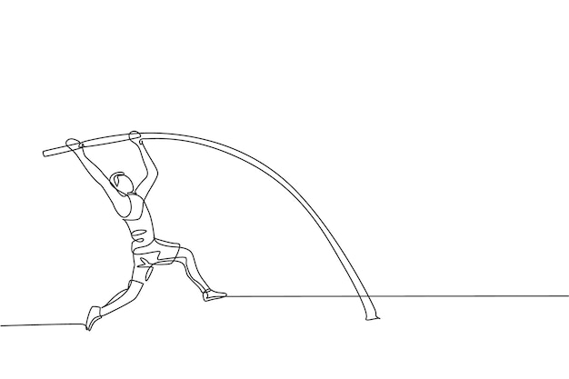 Vector un dibujo de línea continua de un joven deportista practicando salto con pértiga en el campo