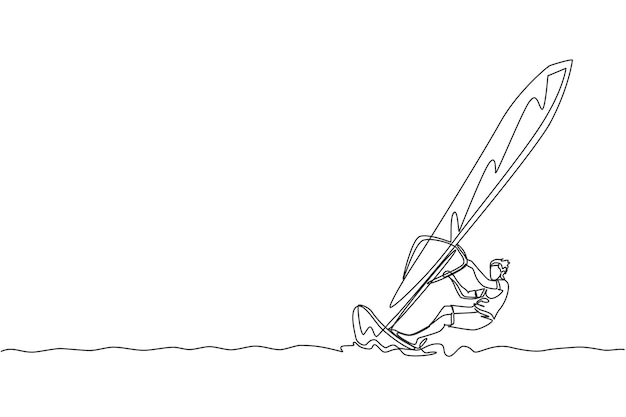 Un dibujo de línea continua de un joven divertido jugando windsurf en el mar océano Vector de deporte saludable