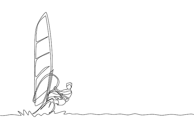 Un dibujo de línea continua de un joven divertido jugando windsurf en el mar océano Vector de deporte saludable