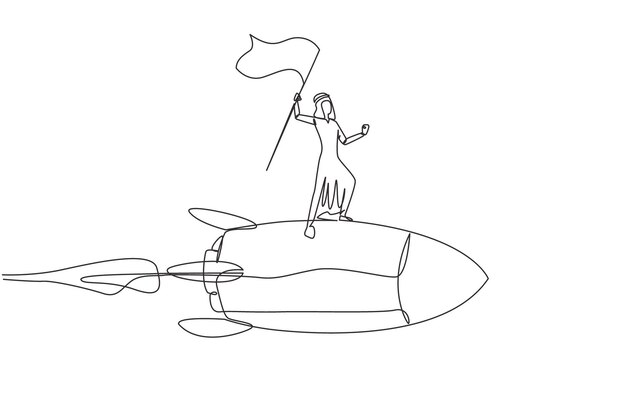 Un dibujo de línea continua de un joven empresario árabe exitoso de pie en un cohete volador