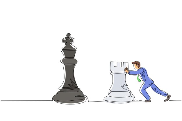 Un dibujo de línea continua joven empresario empuja una enorme pieza de ajedrez de torre vector de diseño de negocios