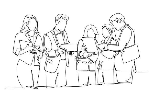 Un dibujo de línea continua de un joven empresario y una mujer de negocios de pie y discutiendo la empresa del proyecto juntos en la oficina Reunión informal Ilustración vectorial de diseño gráfico dinámico de una línea