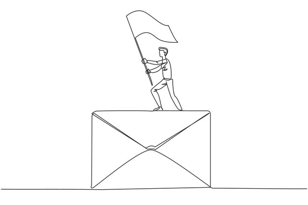Un dibujo de línea continua de un joven empresario de pie en un icono de correo electrónico gigante levantando una bandera