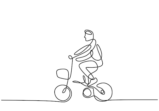 Un dibujo de línea continua de un joven enérgico en bicicleta montando en bicicleta plegable para hacer ejercicio Concepto de estilo de vida saludable dibujo lineal ilustración vectorial Diseño minimalista sobre fondo blanco