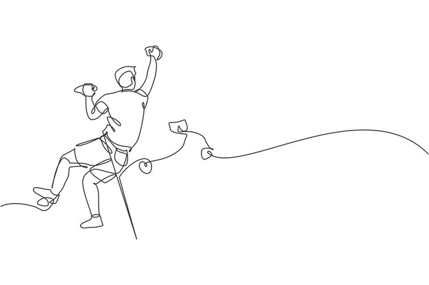 Un dibujo de línea continua de un joven escalador de la montaña del acantilado con una ilustración vectorial de la cuerda de seguridad