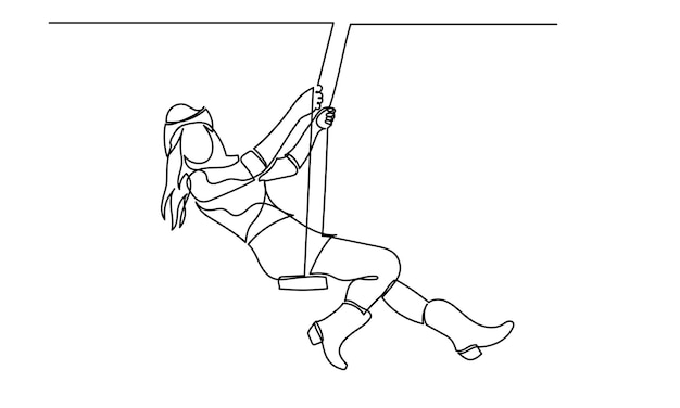 Dibujo en línea continua de una joven feliz balanceándose en un columpio. Una chica despreocupada montando.