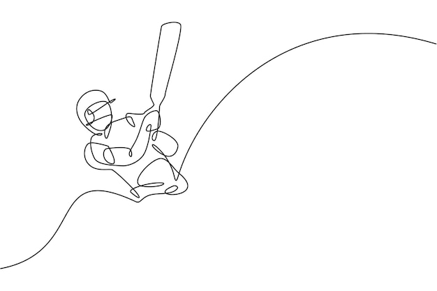 Un dibujo de línea continua de un joven feliz jugador de cricket se centra en el vector de swing del bate de cricket del tren