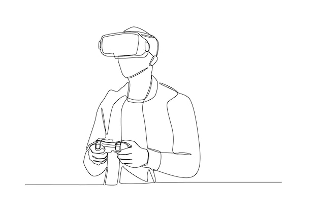 Un dibujo de línea continua de un joven feliz mirando en un dispositivo de PC con auriculares vr y jugando un juego de PC con consola de joystick Concepto de juego virtual Ilustración gráfica de vector de diseño de dibujo de una sola línea