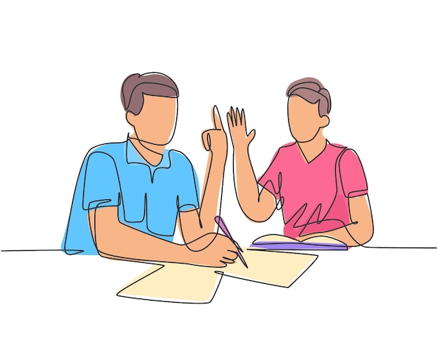 Un dibujo de línea continua del joven fundador de la empresa formulando un vector de procedimiento operativo estándar