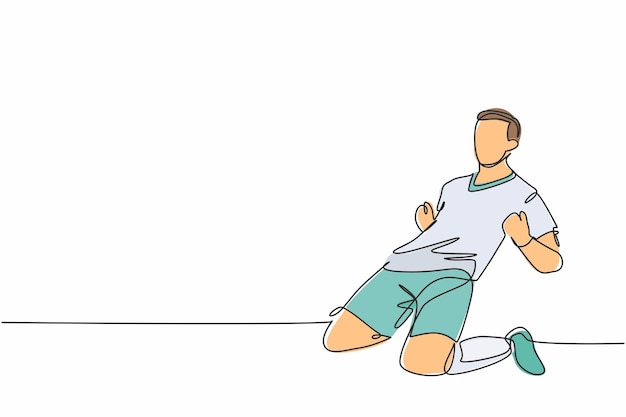Un dibujo de línea continua de un joven futbolista deportivo deslizándose emocionalmente en el campo después de anotar