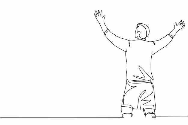 Un dibujo de línea continua de un joven futbolista deportivo extendiendo los brazos y gritando fuerte