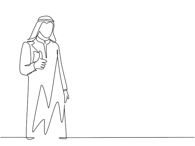 Un dibujo de línea continua de un joven gerente de sucursal de una empresa musulmana dando un vector de gestos de aprobación