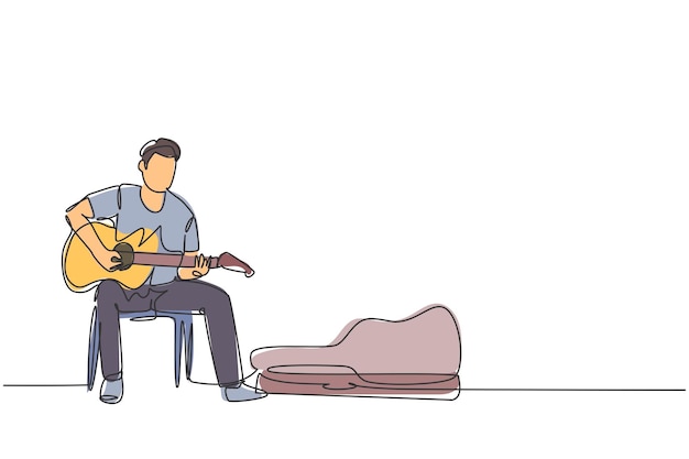 Vector un dibujo de línea continua de un joven guitarrista feliz sentado y tocando la guitarra