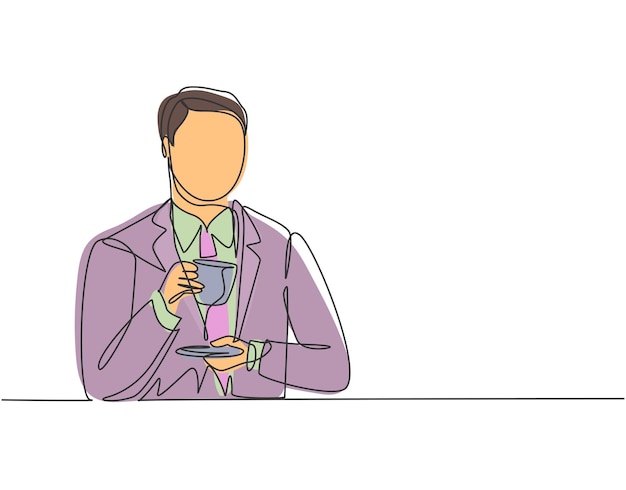 Un dibujo de línea continua de un joven hombre de negocios feliz pensando en un vector de diseño de ideas de negocios
