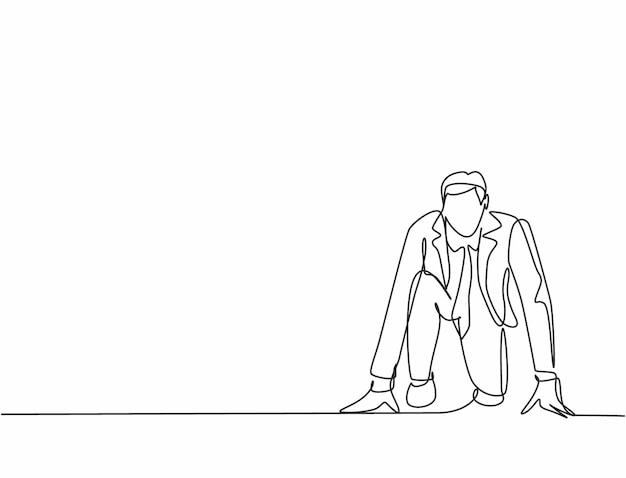 Un dibujo de línea continua de un joven hombre de negocios feliz se prepara para correr en la pista