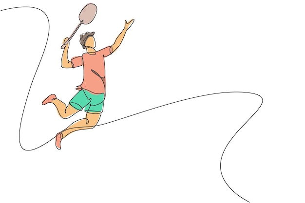 Un dibujo de línea continua de un joven jugador de bádminton ágil saltando y rompiendo el vector de la pelota