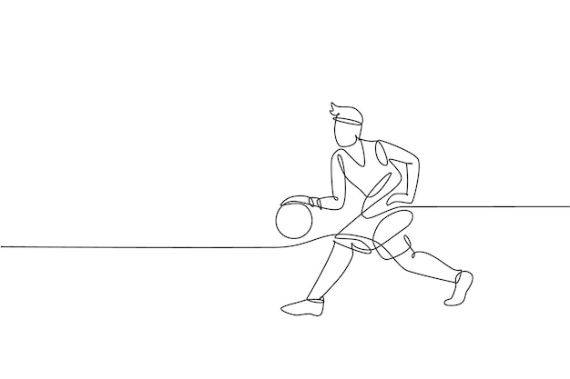 Un dibujo de línea continua de un joven jugador de baloncesto corriendo y driblando la pelota Diseño vectorial