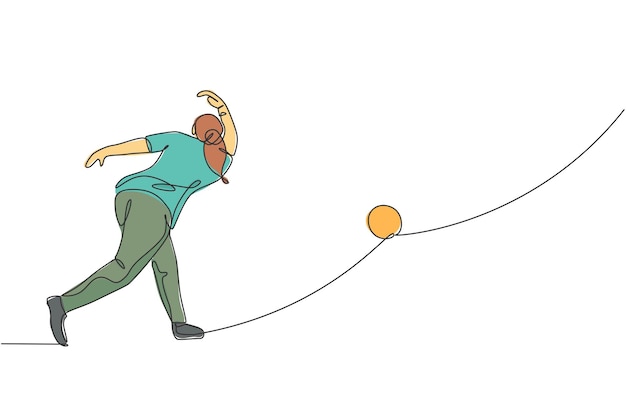 Un dibujo de línea continua de un joven jugador de bolos hombre lanzar bolos deporte afición en el tiempo libre