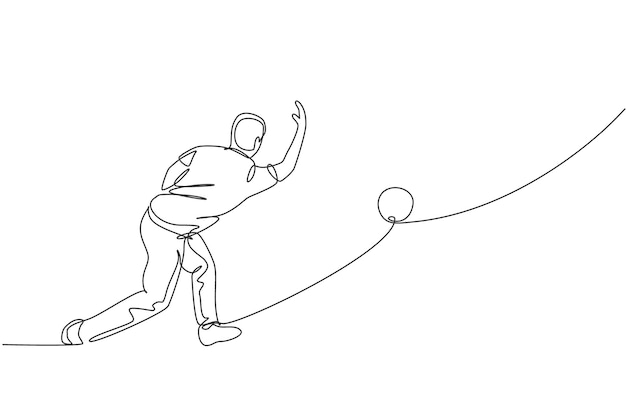Un dibujo de línea continua de un joven jugador de bolos hombre lanzar la pelota en el carril para golpear el vector pin