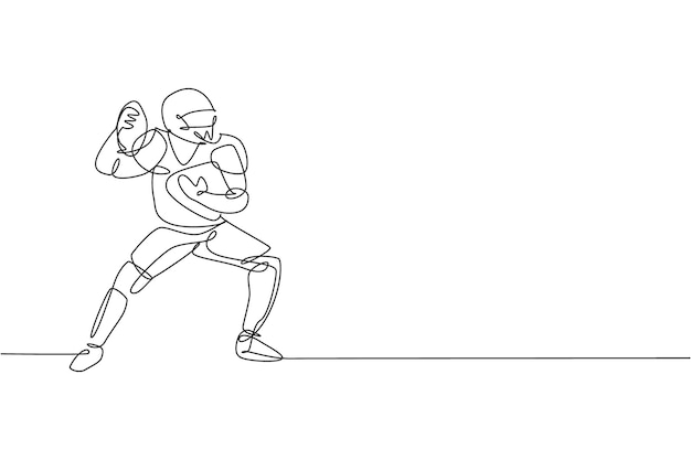 Un dibujo de línea continua de un joven jugador de fútbol americano pasa el balón al cartel de sus compañeros de equipo