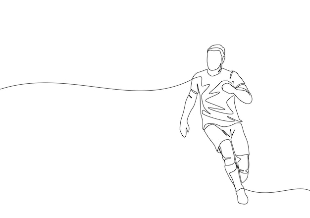 Dibujo de línea continua de un joven jugador de fútbol enérgico corriendo para perseguir la pelota en el juego