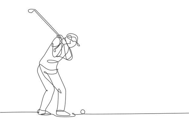 Un dibujo de línea continua de un joven jugador de golf haciendo swing en un club de golf y golpeando la pelota Torneo de golf