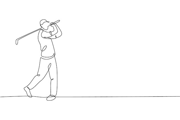 Un dibujo de línea continua de un joven jugador de golf haciendo swing con un palo de golf y golpeando la pelota Deporte de ocio