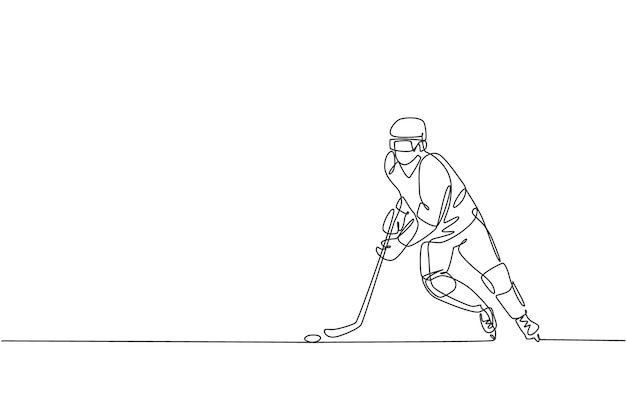 Un dibujo de línea continua de un joven jugador profesional de hockey sobre hielo ejercitando el concepto de deporte extremo