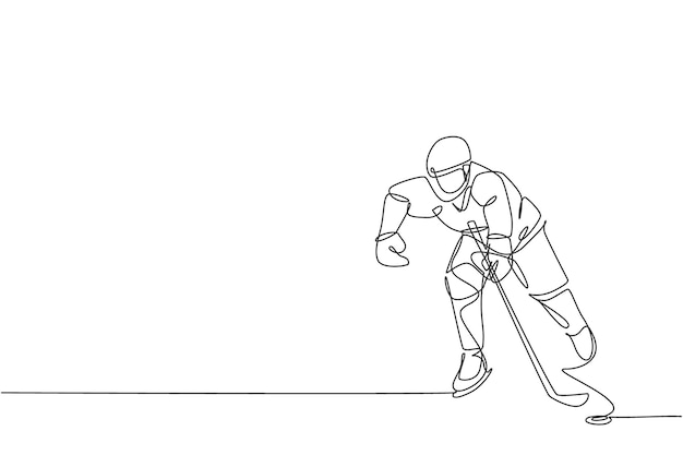 Un dibujo de línea continua de un joven jugador profesional de hockey sobre hielo golpea el disco y ataca en la arena de la pista de hielo