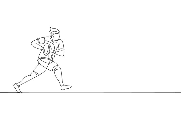 Un dibujo de línea continua de un joven jugador de rugby entrenando y haciendo ejercicio Vector de diseño deportivo
