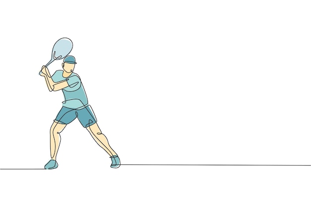 Un dibujo de línea continua de un joven jugador de tenis feliz concentrado para golpear la pelota cartel deportivo