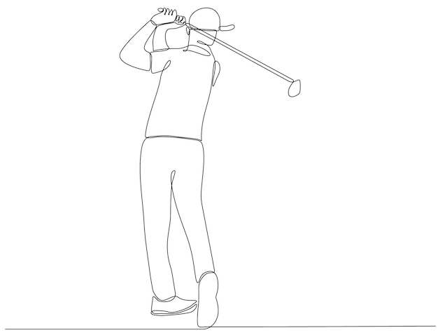 Dibujo de línea continua de un joven jugando vector de golf premium