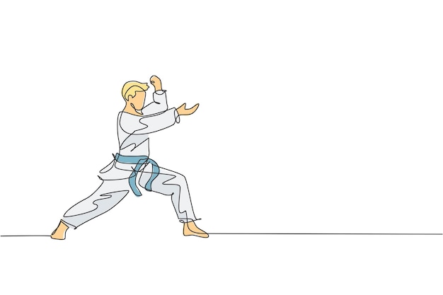 Un dibujo de línea continua de un joven karateka entrenando para un duelo en el gimnasio dojo
