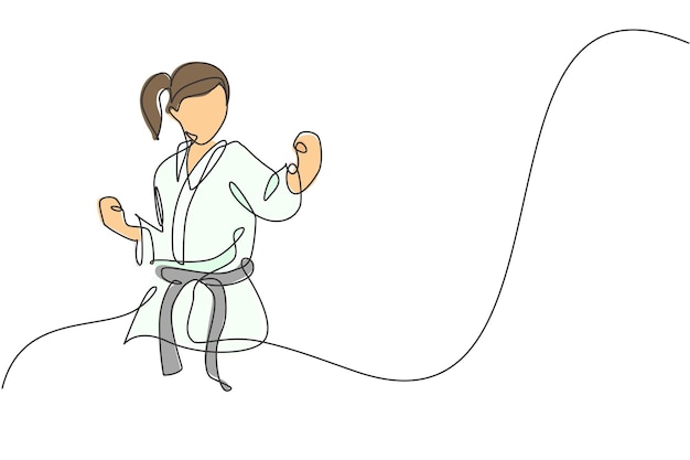 Un dibujo de línea continua de una joven karateka posando para un duelo en el gimnasio dojo