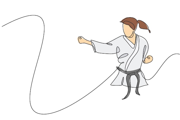 Un dibujo de línea continua de una joven karateka posando para un duelo en el gimnasio dojo
