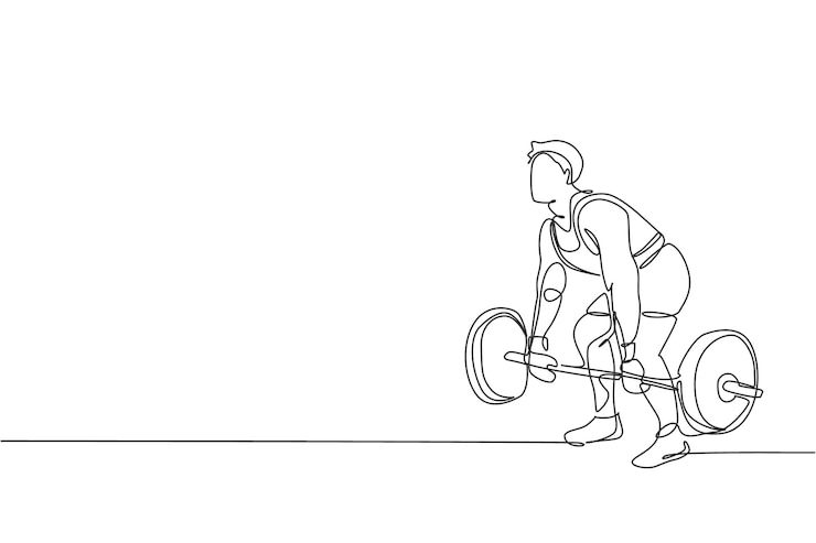 Vector un dibujo de línea continua de un joven levantador de pesas preparándose para un entrenamiento con barra en el vector del gimnasio