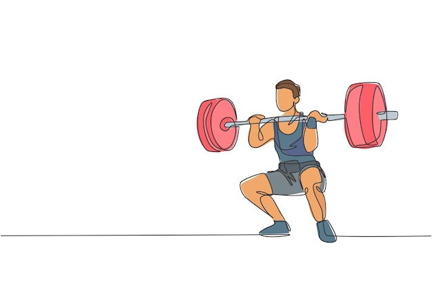 Un dibujo de línea continua de un joven levantador de pesas preparándose para un entrenamiento con barra en el vector del gimnasio