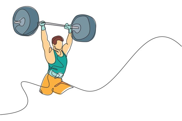 Un dibujo de línea continua de un joven levantador de pesas preparándose para un entrenamiento con barra en el vector del gimnasio