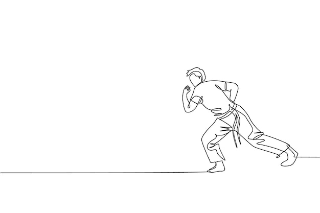 Un dibujo de línea continua de un joven luchador brasileño entrenando capoeira en la playa