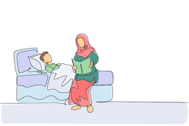 Un dibujo de línea continua de una joven madre islámica le lee un libro de cuentos a su hijo antes de dormir