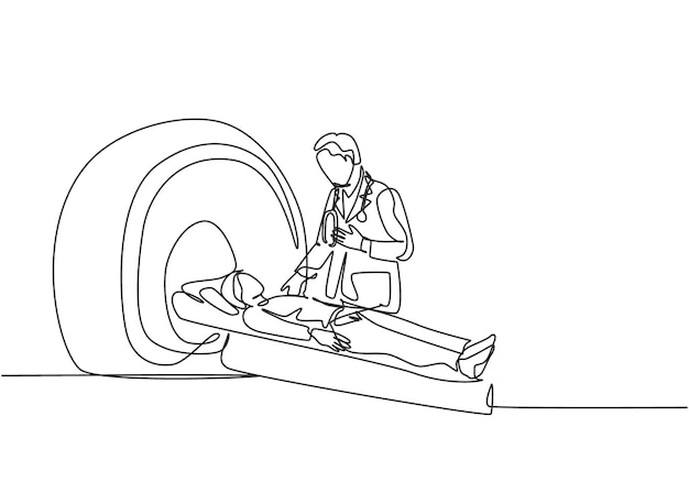 Un dibujo de línea continua de un joven médico que realiza un procedimiento de resonancia magnética a un paciente con cáncer masculino que realiza una tomografía computarizada