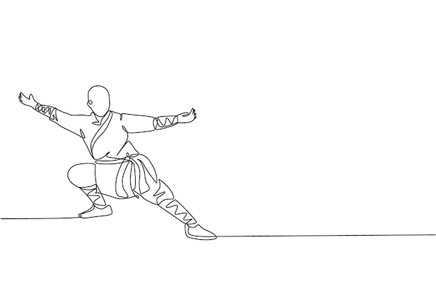 Un dibujo de línea continua de un joven monje shaolin practica kung fu en el vector tradicional del templo