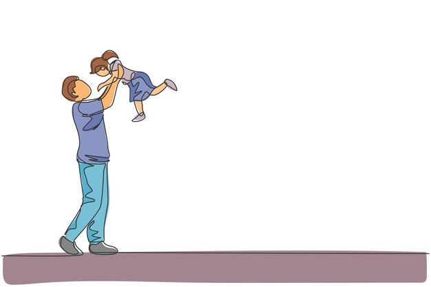 Un dibujo de línea continua de un joven padre criando a su hija en el aire jugando juntos en familia