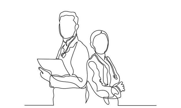 dibujo de línea continua de una joven pareja de médicos masculinos y femeninos de pie juntos