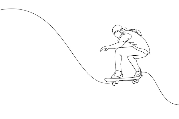 Un dibujo de línea continua de un joven patinador montando patineta y saltando en el vector skatepark