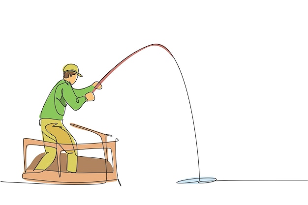 Un dibujo de línea continua de un joven pescador feliz de pie y pescando desde un barco en el océano